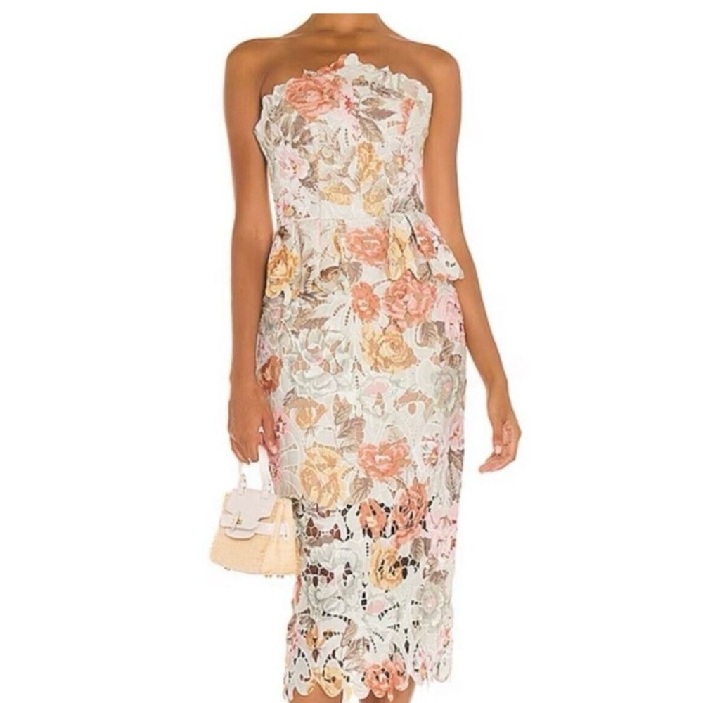 Elliatt White Floral Lace Strapless Midi Dress